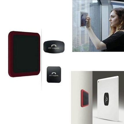 Universal Wall-Mounted Magnetic Holder for iPads and Phones shown mounted on wall holding a tablet for hands-free viewing