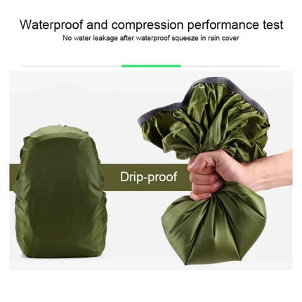 Waterproof Rain Cover for Backpacks and Outdoor Hiking Use showing green drip-proof nylon cover squeezed to demonstrate waterproof performance