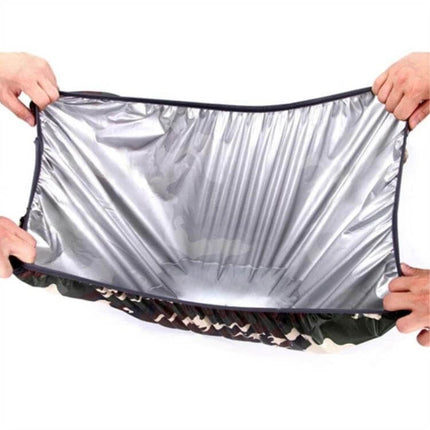 Waterproof Rain Cover for Backpacks and Outdoor Hiking Use shown stretched to display silver waterproof nylon lining protecting gear