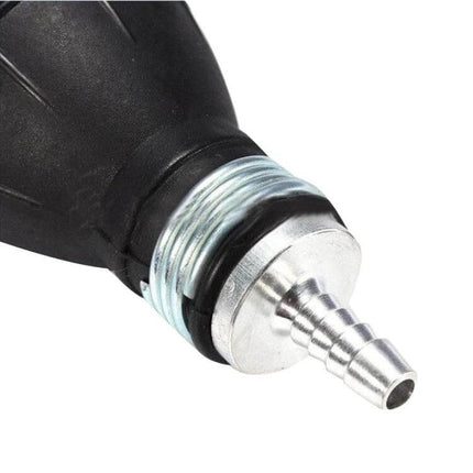 Manual Fuel Pump With Check Valve, Universal 6mm To 12mm — close-up of black hand bulb pump with metal check valve and 6–12mm hose barb connection