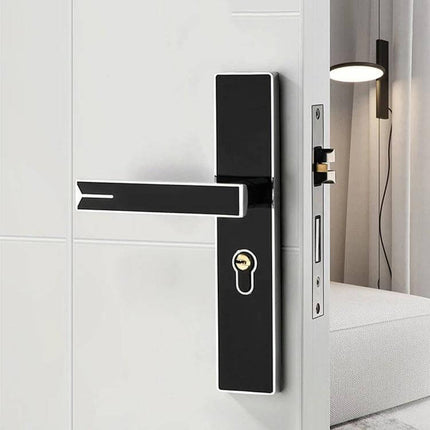 Aluminum Alloy Mute Door Lock for Home Interiors, Black Finish installed on white interior door showing sleek handle and keyhole