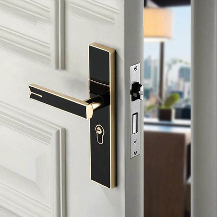 Aluminum Alloy Mute Door Lock for Home Interiors, Black Finish installed on white interior door showing sleek black handle and latch