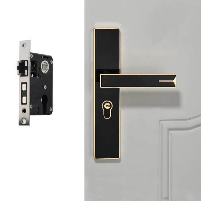 Aluminum Alloy Mute Door Lock for Home Interiors, Black Finish installed on interior door showing sleek black handle and mortise mechanism