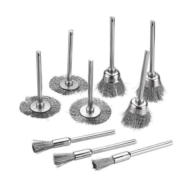Wire Brush Set for Metal Descaling and Polishing Pen Shape - three pen/flat/bowl steel wire brushes with alloy handles for rust, paint and burr removal