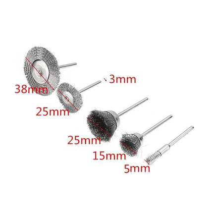 Wire Brush Set for Metal Descaling and Polishing Pen Shape - 4-piece steel wire brushes (38mm, 25mm, 15mm, 5mm) with 3mm shanks for rust, paint, burr removal