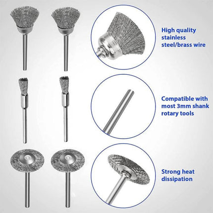 Wire Brush Set for Metal Descaling and Polishing Pen Shape - 3 pen, flat, bowl wire brushes with 3mm shank for rust, paint, burr removal, polishing metal