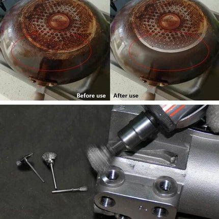 Wire Brush Set for Metal Descaling and Polishing Pen Shape cleaning rust and polishing pan bottoms and metal parts with flat, bowl and pen wire brush heads