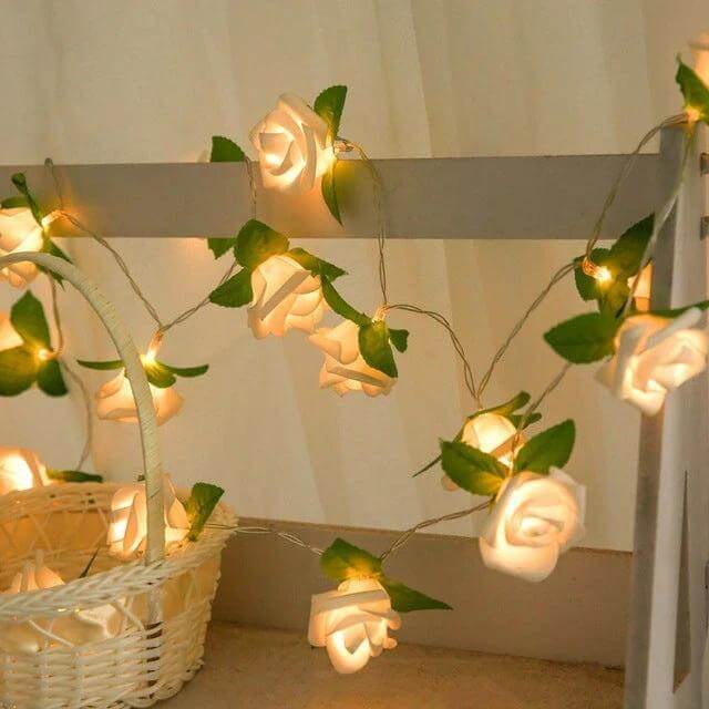 Rose Flower Battery Powered Fairy Lights White for Bedroom Decor soft warm LED rose string lights on white cable, 20 roses, battery powered for indoor bedroom accents