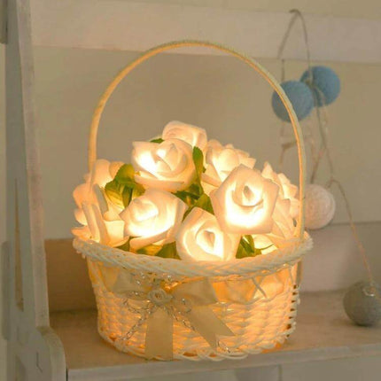 Rose Flower Battery Powered Fairy Lights White for Bedroom Decor glowing in wicker basket bedside accent lighting
