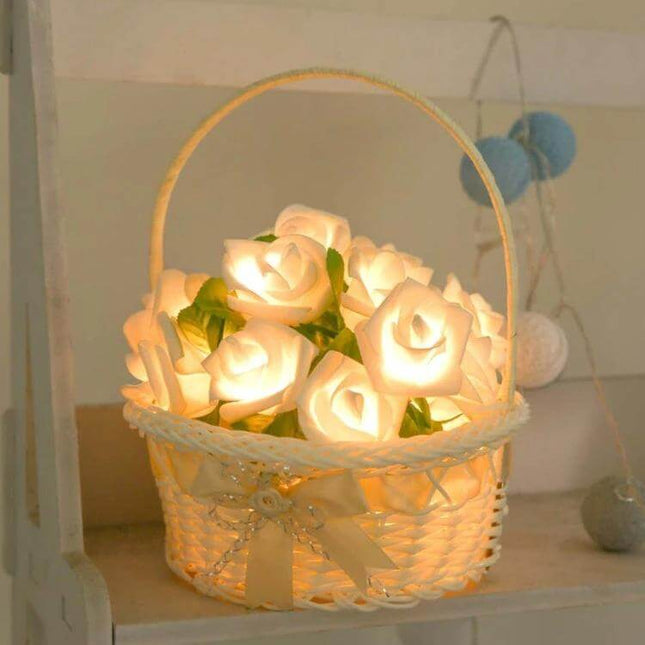Rose Flower Battery Powered Fairy Lights White for Bedroom Decor - 20 LED rose string in basket, warm white glow, 300cm white cable, battery powered indoor accent