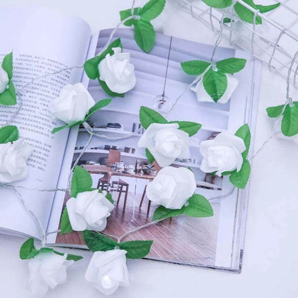 Rose Flower Battery Powered Fairy Lights White for Bedroom Decor - 20 LED white roses on 300cm white cable, battery powered bedroom accent lighting