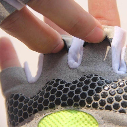 Cycling Gel-Padded Anti-Slip Half-Finger Gloves For Fitness showing gel padding, hex grip and easy-pull tabs on breathable half-finger training glove