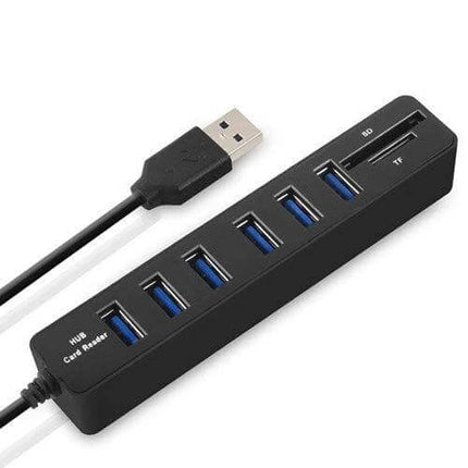 USB Hub with Six Ports and SD Card Reader for Device Expansion - black USB 2.0 hub with six ports and SD/TF card reader
