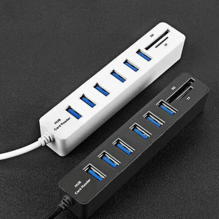 USB Hub with Six Ports and SD Card Reader for Device Expansion - white and black USB 2.0 hub with SD/TF slots for laptops and desktops