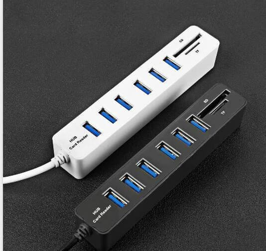 USB Hub with Six Ports and SD Card Reader for Device Expansion - white and black USB 2.0 hub with SD/TF slots for laptops and desktops