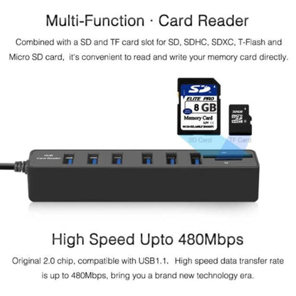 USB Hub with Six Ports and SD Card Reader for Device Expansion - black 6-port USB 2.0 hub with SD and microSD card slots