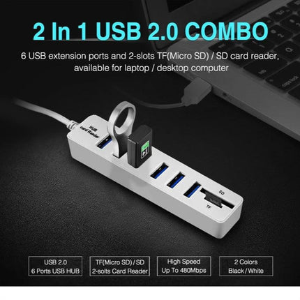 USB Hub with Six Ports and SD Card Reader for Device Expansion connected to laptop showing six USB 2.0 ports and SD/Micro SD slots