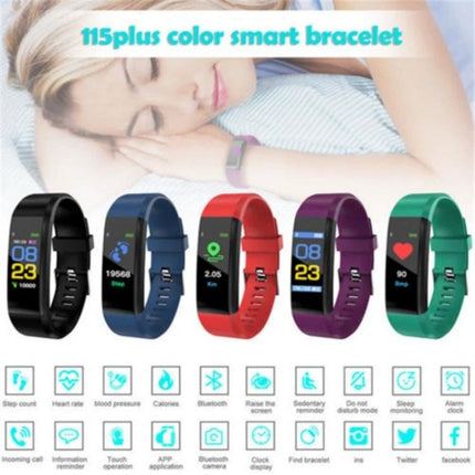 Daily ID115 Smart Bracelet for Fitness and Activity Tracking — colorful bands showing step, sleep, heart rate and notification features