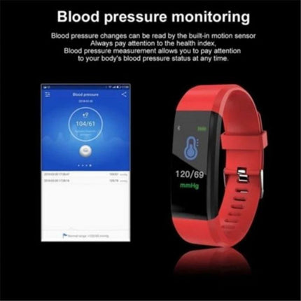 Daily ID115 Smart Bracelet for Fitness and Activity Tracking showing red fitness band with blood pressure reading and mobile app screen