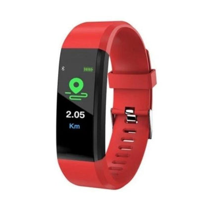 Daily ID115 Smart Bracelet for Fitness and Activity Tracking - red fitness tracker showing 2.05 km distance on screen
