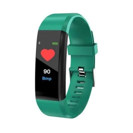 Daily ID115 Smart Bracelet for Fitness and Activity Tracking in green showing heart rate, step and notification display