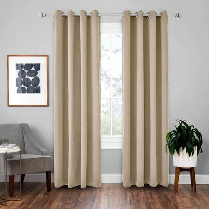 Blackout Curtain Shade Cloth 42x84 Inches for Light Blocking beige grommet panels hung on rod in living room