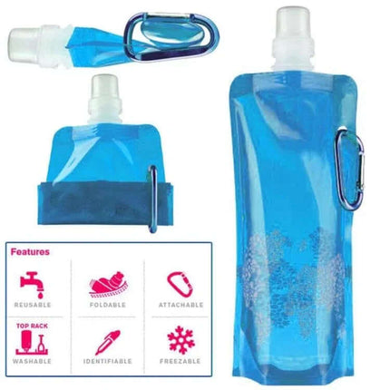0.5L Silicone Water Bag for Hiking and Camping Everyday Hydration foldable blue silicone water pouch with carabiner attached