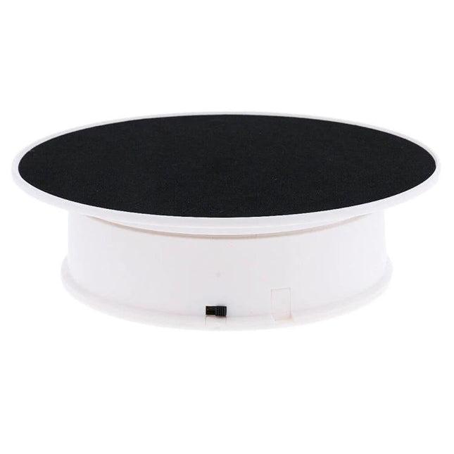 30cm Electric Rotating Turntable for Photography Displays with black velvet top and white ABS base for product photography