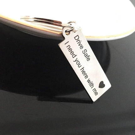 Keychain Engraved Drive Safe For Couples Everyday Gift stainless steel rectangular pendant engraved Drive Safe message