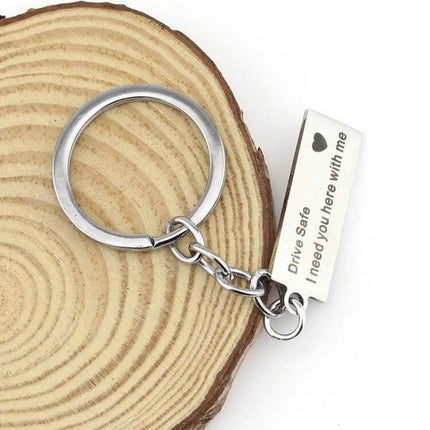 Keychain Engraved Drive Safe For Couples Everyday Gift - stainless steel rectangular pendant keyring engraved “Drive Safe” with heart