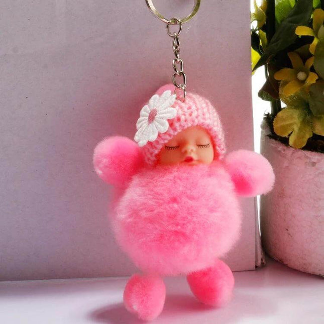 Sleeping Baby Doll Ball Key Chain Faux Fur Accessory For Daily Use pink faux fur sleeping baby doll keychain with knitted hat