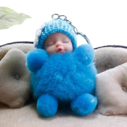 Sleeping Baby Doll Ball Key Chain Faux Fur Accessory For Daily Use - blue sleeping baby fur ball keychain with alloy core