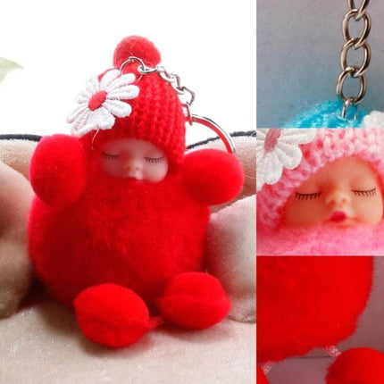 Sleeping Baby Doll Ball Key Chain Faux Fur Accessory For Daily Use - red sleeping baby doll pompom keychain with flower hat