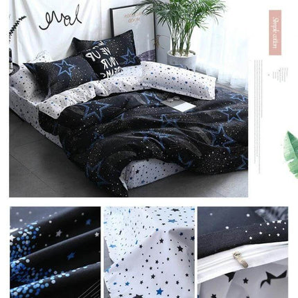 1.5m Four Piece Printed Bedding Set for Everyday Use - black star print polyester duvet cover and pillowcases, durable easy-care bedding for guest rooms