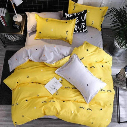 1.5m Four Piece Printed Bedding Set for Everyday Use - bright yellow printed polyester duvet set on 1.5m bed, easy-care guest or dorm bedding