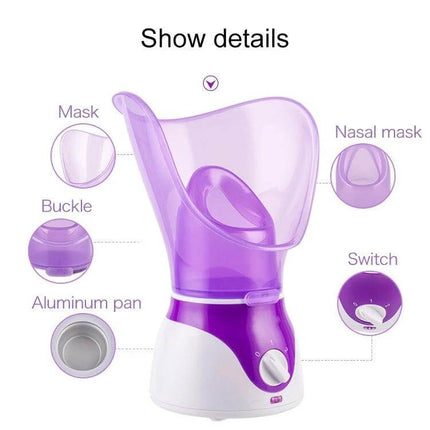 KH Facial Steam Machine For Deep Cleansing At Home Skincare Routine compact purple unit with facial and nasal masks, aluminum pan, buckle and switch