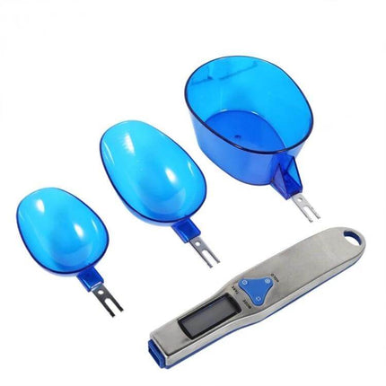 Digital Spoon Scale With LCD Display For Accurate Kitchen Measurements - stainless steel handle with three blue removable spoon heads and LCD screen