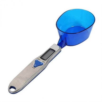 Digital Spoon Scale With LCD Display For Accurate Kitchen Measurements - stainless steel handle, removable blue spoon head, clear LCD