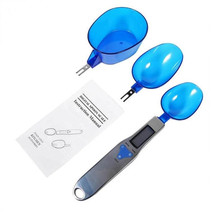 Digital Spoon Scale With LCD Display For Accurate Kitchen Measurements - compact stainless steel spoon scale with 3 removable blue spoon heads and LCD