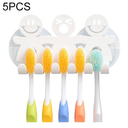 Smiley Face Suction Cup Holder for Everyday Bathroom Storage - white 5-toothbrush wall mount on tile, smiling suction cup organizer