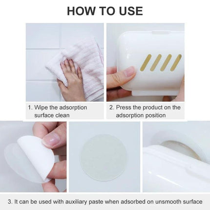 Smiley Face Suction Cup Holder for Everyday Bathroom Storage shown mounted on tile with step-by-step how-to-use images