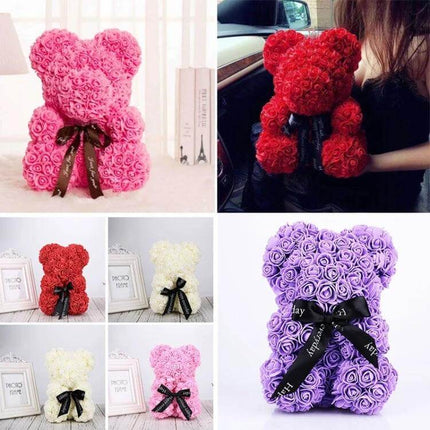 Bear Shaped Artificial Foam Rose Ornament 25cm Red decorative teddy made of foam roses, low-maintenance centerpiece accent