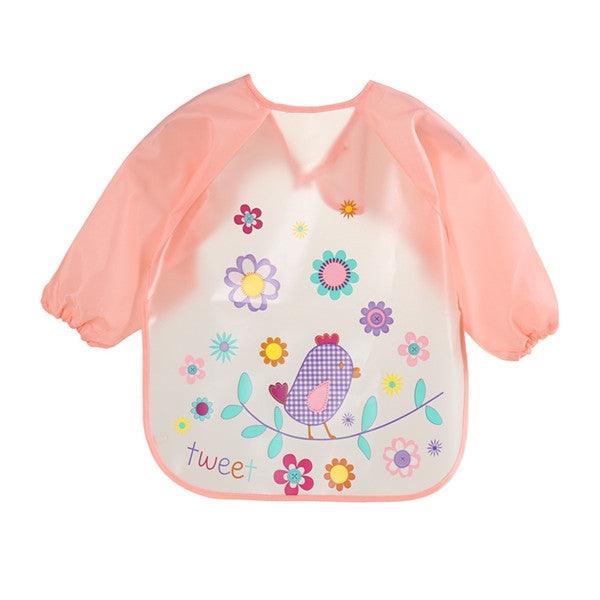 Waterproof Long Sleeve Cartoon Baby Bibs for Toddlers Pink Bird