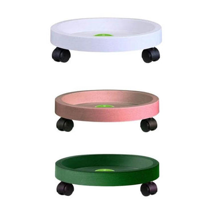 Universal Round Wheeled Plant Pot Tray For Easy Moving - set of three colored round wheeled plant trays (white, pink, green) for patios and indoor plant relocation