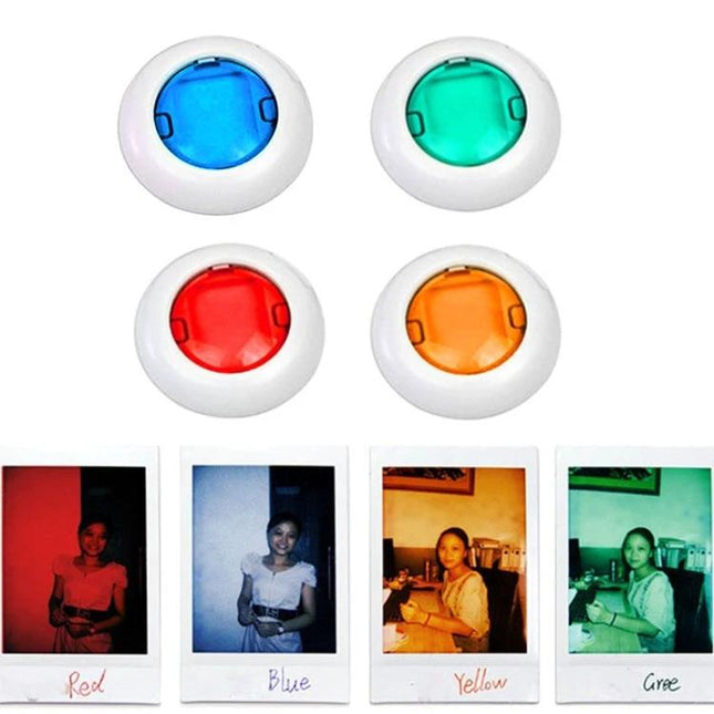 Colored Close-Up Lens Filter for Fujifilm Instax Mini Cameras set of four colored filters (red, blue, yellow, green) with sample instant photos