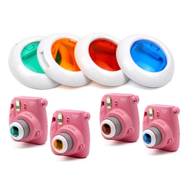 Colored Close-Up Lens Filter for Fujifilm Instax Mini Cameras shown as four colorful close-up lenses with pink Instax Mini camera examples