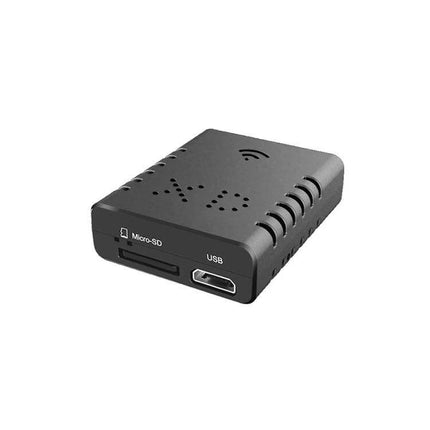 WiFi Mini Camera for Remote Monitoring with Night Vision compact 3x3x1cm black plastic unit with micro-SD and USB ports