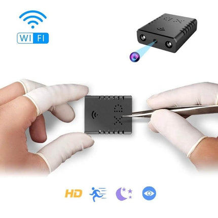 WiFi Mini Camera for Remote Monitoring with Night Vision small 3x3x1cm discreet plastic body shown in hands with night-vision icon