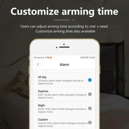 WiFi Mini Camera for Remote Monitoring with Night Vision - app alarm scheduling screen showing customize arming time options