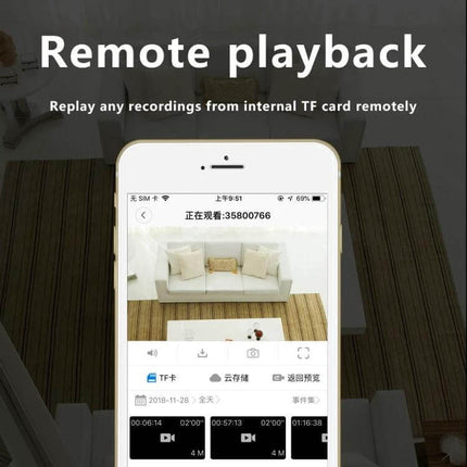 WiFi Mini Camera for Remote Monitoring with Night Vision shown streaming remote playback on smartphone app